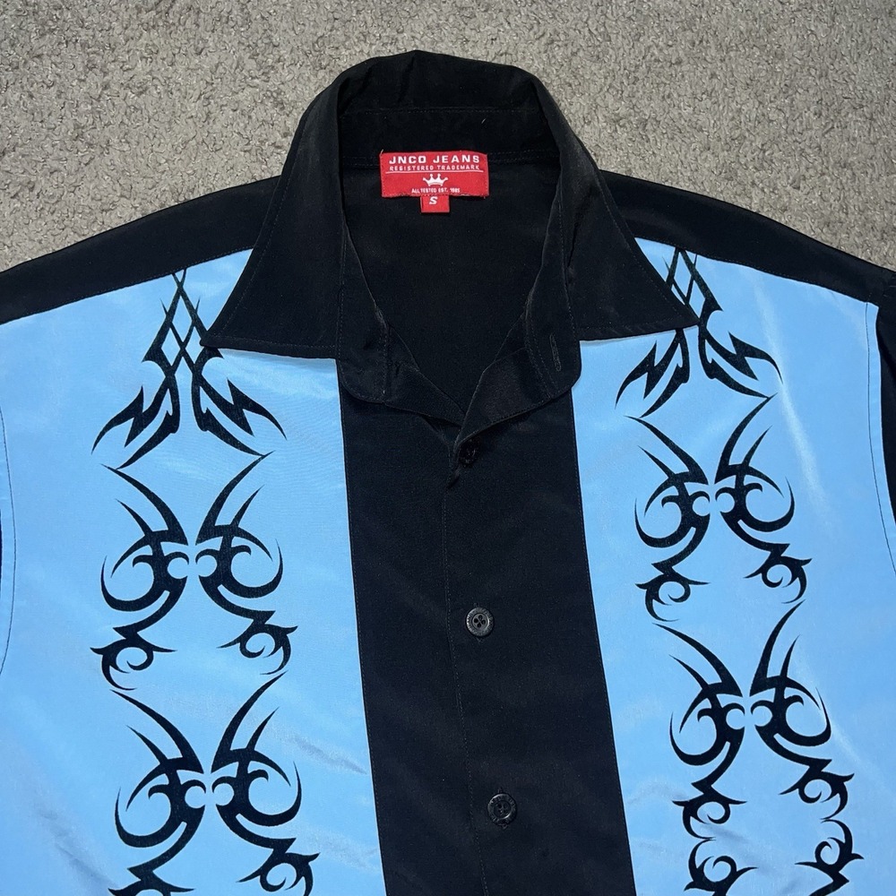 Vtg JNCO Jeans Shirt Mens S Black Blue Tribal Bowling Short Sleeve Button Up Y2K